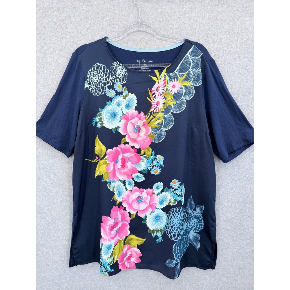 Chico's Garden Party Tunic Women Navy Blue Floral‎ Mixed Media Size 2 (Large)